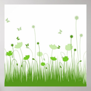Minimalist Green and White Poppies Meadow Floral Poster
