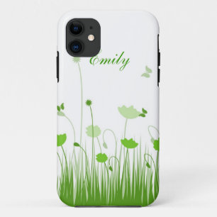 Minimalist Green and White Poppies Meadow Name iPhone 11 Case