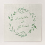 Minimalist Green Botanical Wreath Personalized Jigsaw Puzzle<br><div class="desc">This stylish puzzle showcases a beautiful minimalist botanical watercolor wreath in soft green tones, perfect for adding a touch of nature-inspired elegance. Personalize it with your names and special date to create a thoughtful and memorable keepsake. Ideal for celebrating weddings, anniversaries, or any special occasion, this puzzle is a unique...</div>