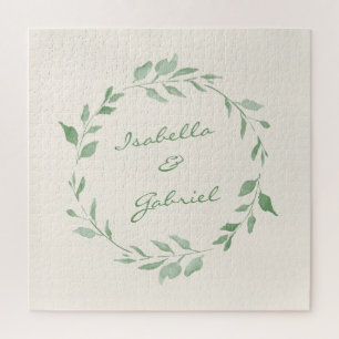 Minimalist Green Botanical Wreath Personalized Jigsaw Puzzle