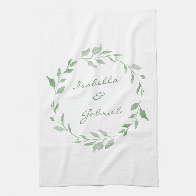 Minimalist Green Botanical Wreath Personalized Kitchen Towel (Vertical)