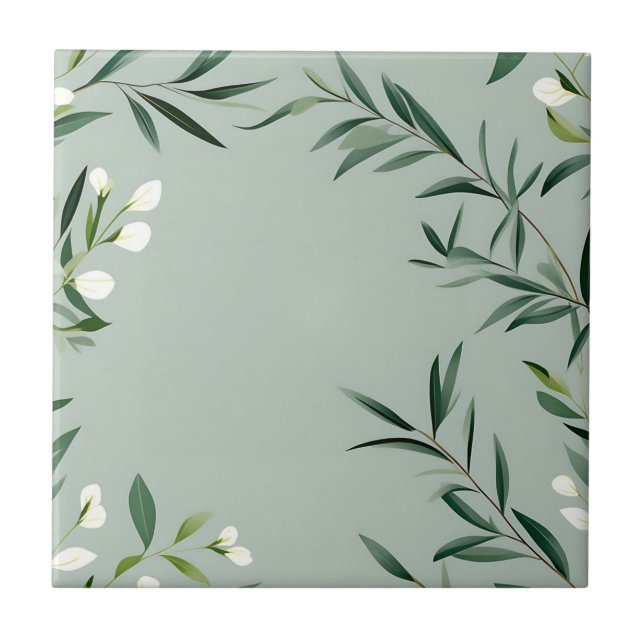 Minimalist Green Branches On Dusty Blue Tile (Front)