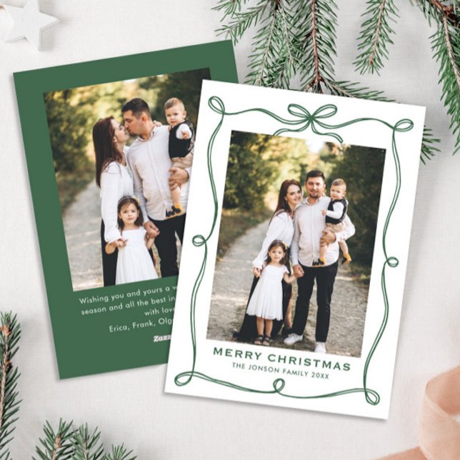 Minimalist Green Christmas Bow Ribbon 2 Photo Holiday Card (Creator Uploaded)
