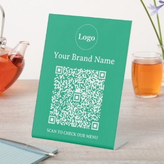 Minimalist Green Custom Business Logo and QR Code  Pedestal Sign