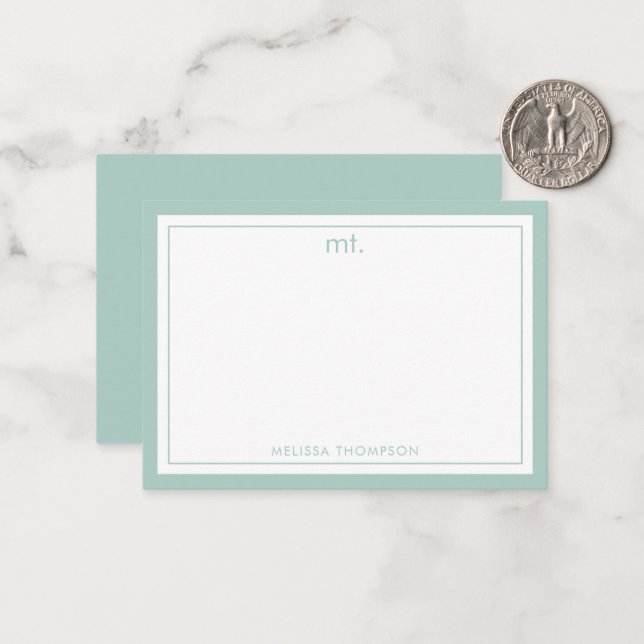 Minimalist Green Double Border Modern Monogram Card (Front/Back In Situ)