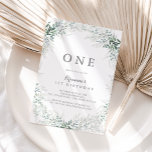 Minimalist Green Eucalyptus First Birthday Party Invitation<br><div class="desc">This minimalist green eucalyptus first birthday party invitation is perfect for a rustic birthday party. The design features watercolor elegant green eucalyptus leaves.</div>