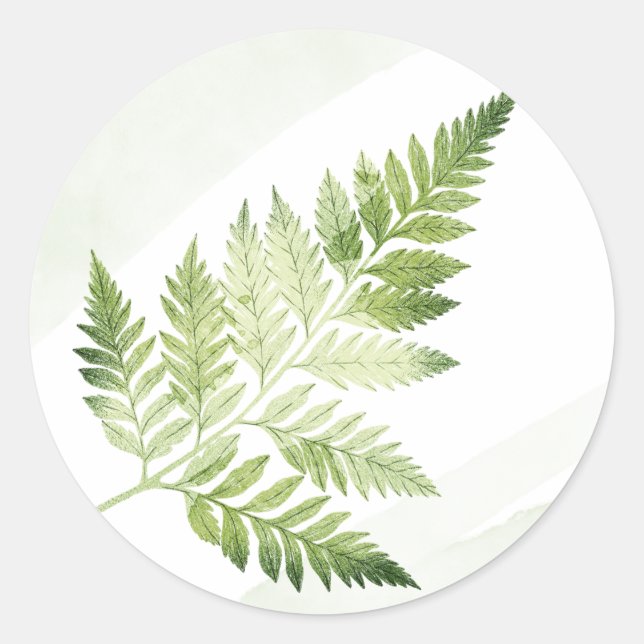 Minimalist Green Fern Wedding Classic Round Sticker (Front)