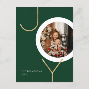 Minimalist Green Glitter Gold JOY Photo Holiday Postcard