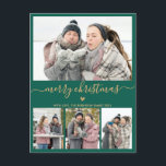 Minimalist Green Gold 4 Photo Collage Christmas Postcard<br><div class="desc">Elegant, Minimalist, Modern Green and Gold 4 Photo Collage Merry Christmas Script Holiday Postcard. This festive, minimal four (4) photo holiday card template features a pretty photo collage, a little doodle heart and says Merry Christmas! The „Merry Christmas” greeting text is written in a beautiful gold hand lettered typography swash-tail...</div>
