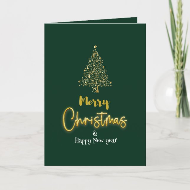 Minimalist Green & Gold Christmas Tree Folded Holiday Card (Front)