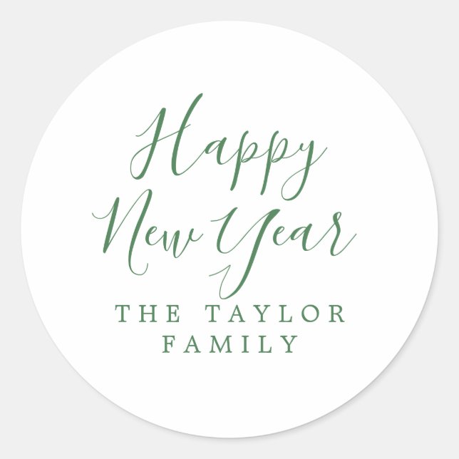 Minimalist Green Happy New Year Holiday Gift Classic Round Sticker (Front)