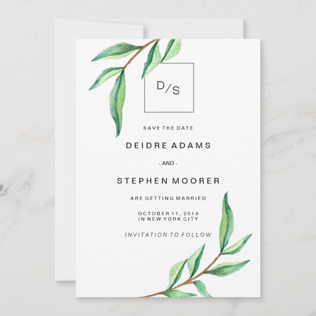 Minimalist Green Leaves on White Save the Date (Front)