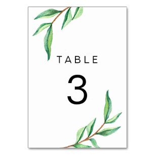 Minimalist Green Leaves on White Wedding Table Number