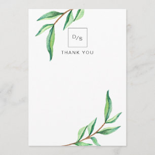 Minimalist Green Leaves on White Wedding Thank You