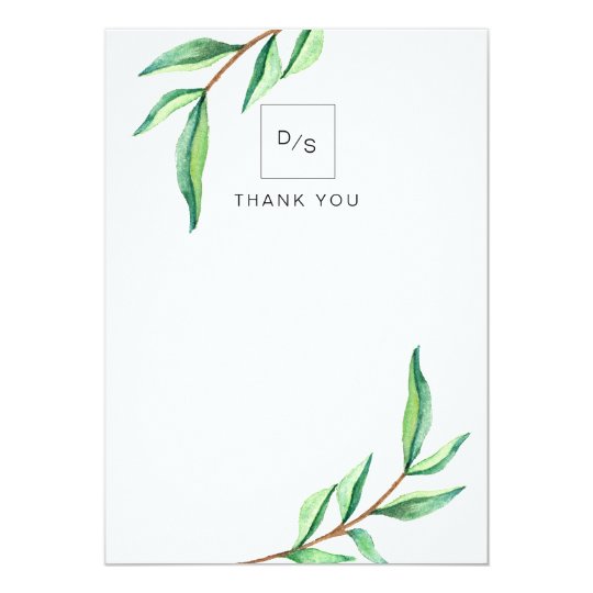 Minimalist Green Leaves on White Wedding Thank You Card