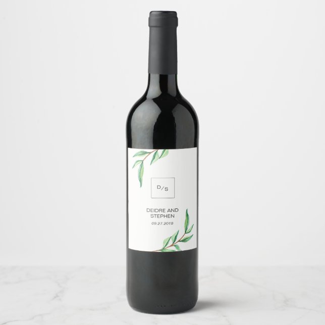 Minimalist Green Leaves on White Wedding Wine Label (Front)