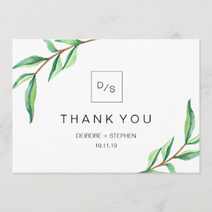 Minimalist Green Leaves Thank You with Monograms