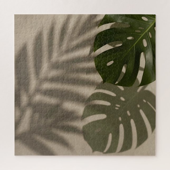 Minimalist Green Monstera Leaf Tropical Shadow Jigsaw Puzzle (Vertical)