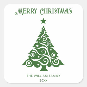 Minimalist Green Script Merry Christmas Tree Square Sticker