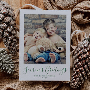 Minimalist Green Season's Greetings Portrait Photo Holiday Card