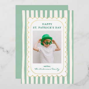 Minimalist Green Stripes St. Patrick's Day Photo Foil Holiday Card