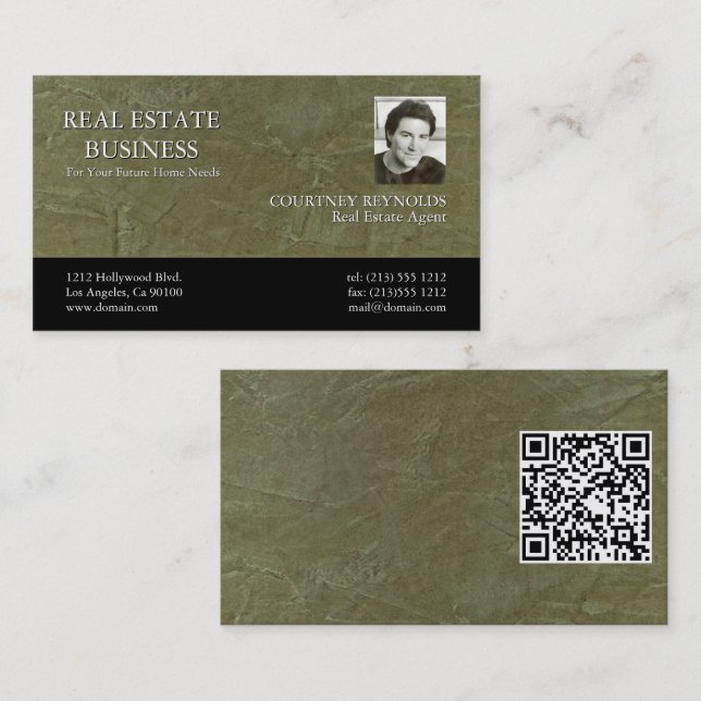 Minimalist Green Stucco Custom Logo QR Code 2 Business Card (Front/Back)