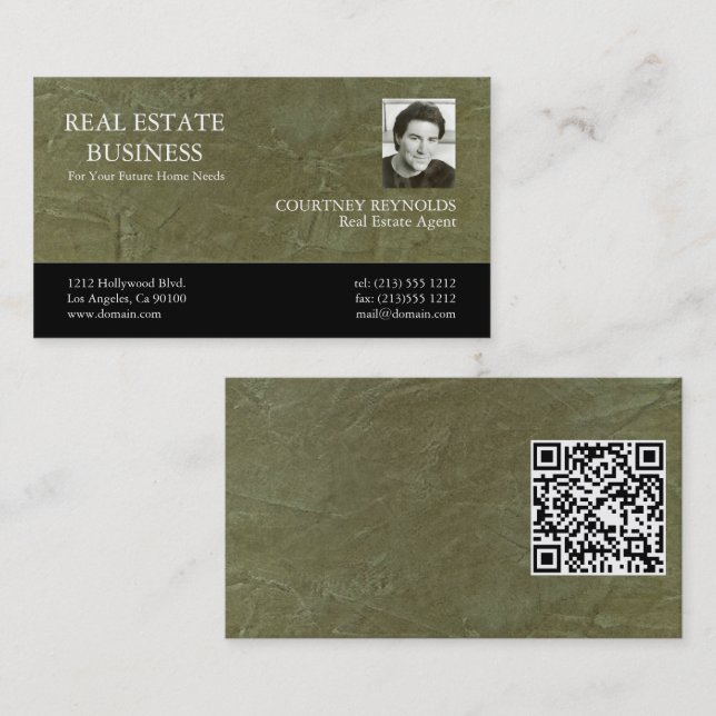 Minimalist Green Stucco Custom Logo QR Code Business Card (Front/Back)