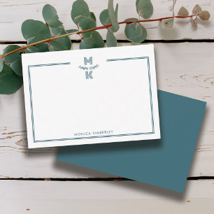 Minimalist Green Two Border Monogram Note Card