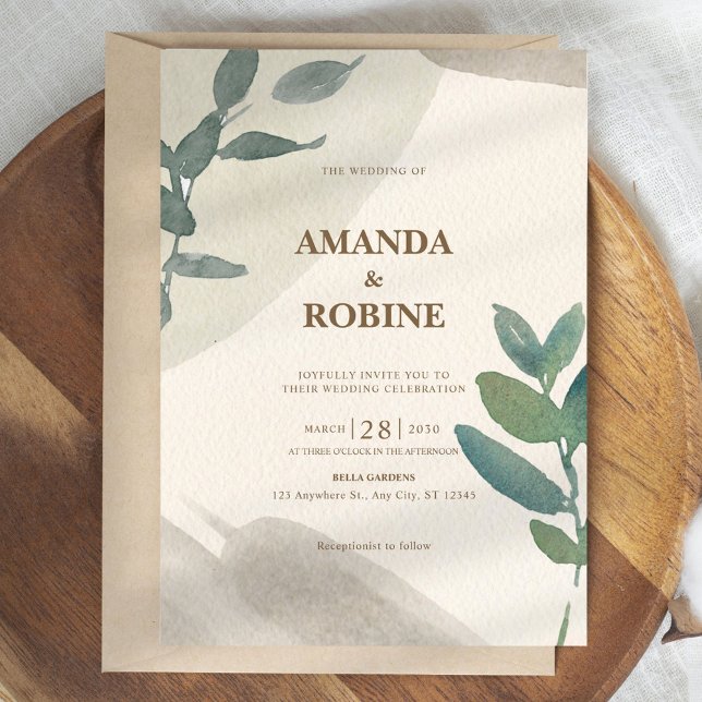 Minimalist Green Watercolor Leaf Elegant Wedding Invitation (Creator Uploaded)