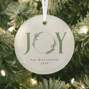 Minimalist Green Watercolor Wreath Joy Christmas Glass Ornament