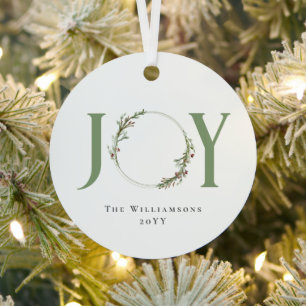 Minimalist Green Watercolor Wreath Joy Christmas Metal Ornament