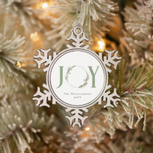 Minimalist Green Watercolor Wreath Joy Christmas Snowflake Pewter Christmas Ornament