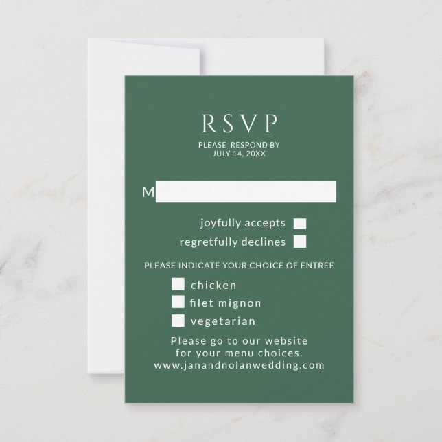 Minimalist. Green wedding RSVP With Meal Choice Card (Front)