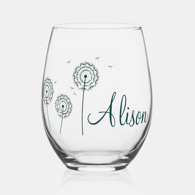 Minimalist Green White Dandelion Flower Name Stemless Wine Glass (Front)