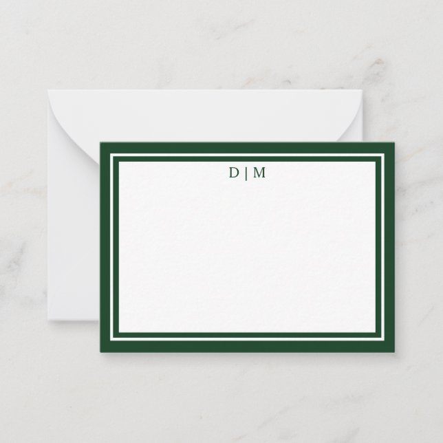 Minimalist green & White Double Border Monogram  Card (Front)