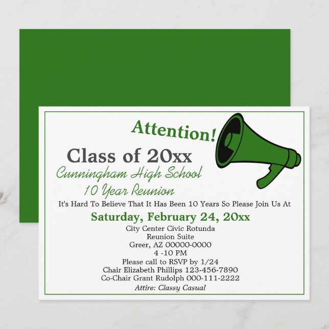 Minimalist Green White High School Class Reunion Invitation (Front/Back)