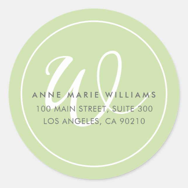 Minimalist Green White Script Border Monogram Classic Round Sticker (Front)