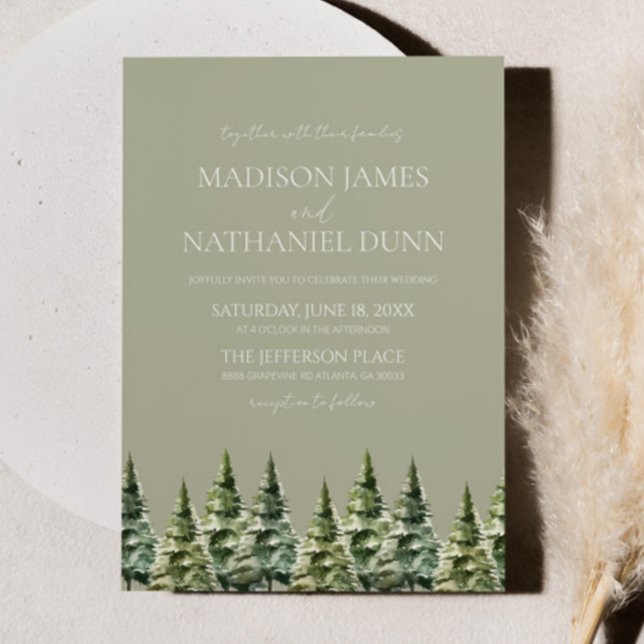 Minimalist Green Winter Snowy Pine Trees Wedding Invitation (Creator Uploaded)