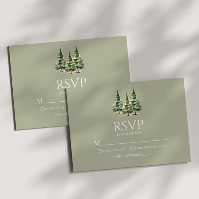 Minimalist Green Winter Snowy Pine Trees Wedding RSVP Card (Creator Uploaded)