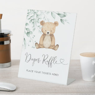  Minimalist Greenery Bear Diaper Raffle  Pedestal Sign