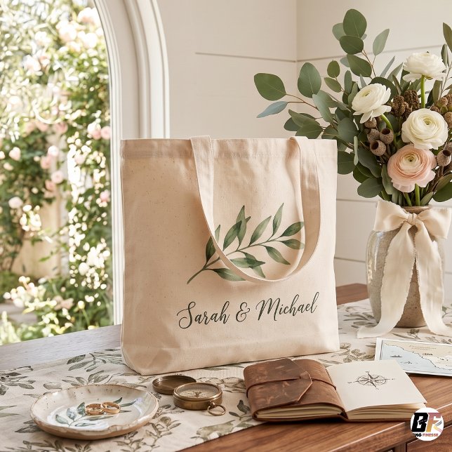 Minimalist Greenery Botanical Personalized Wedding Large Tote Bag (#ForYou)