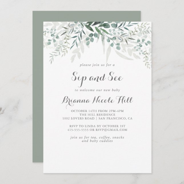 Minimalist Greenery Eucalyptus Sip and See Invitation (Front/Back)