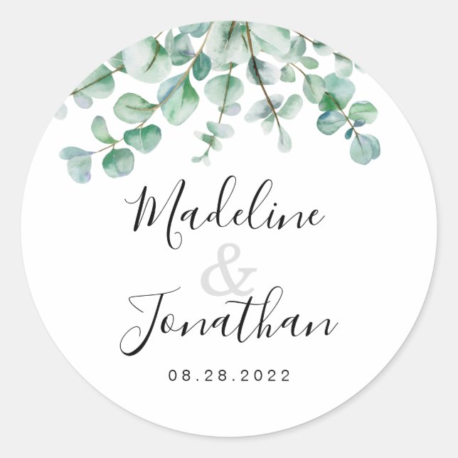 Minimalist Greenery Floral Eucalyptus Wedding Classic Round Sticker (Front)