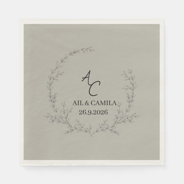Minimalist Greenery Foliage Script Initial Wedding Napkin (Front)
