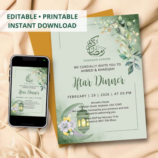 Minimalist Greenery Moon Ramadan Iftar Dinner Invitation (Creator Uploaded)