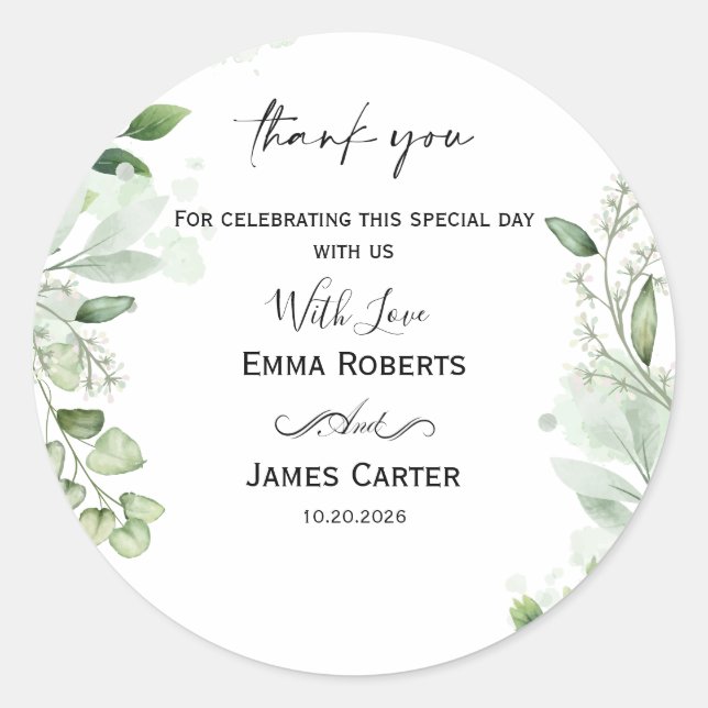 Minimalist Greenery Thank You Round Sticker (Front)