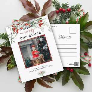 Minimalist Greenery Watercolor Christmas Photo Holiday Postcard