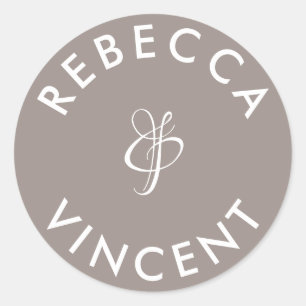 Minimalist Greige Grey Wedding Personalised Names Classic Round Sticker