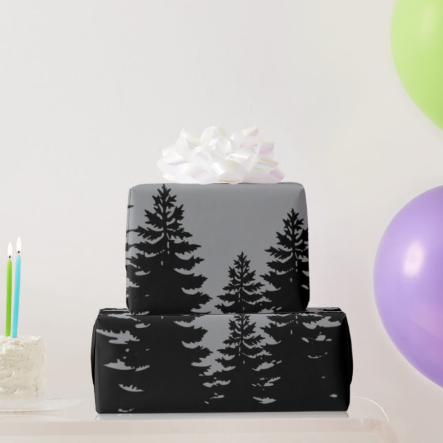 Minimalist grey  black pine tree silhouette      wrapping paper (Party Gifts)