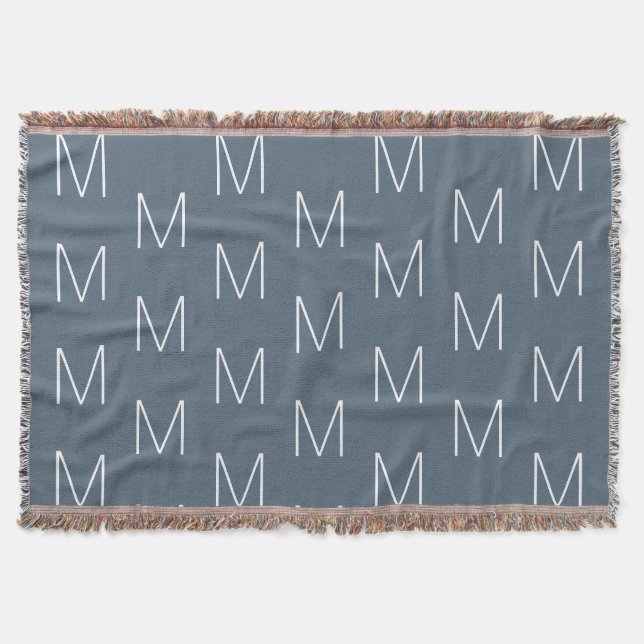 Minimalist grey blue custom monogram pattern throw blanket (Front)